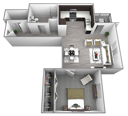 Floor plan for 1 bed, 1 bath, 633 sqft