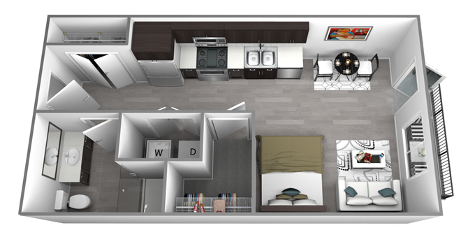 Floor plan for studio, 1 bath, 407 sqft