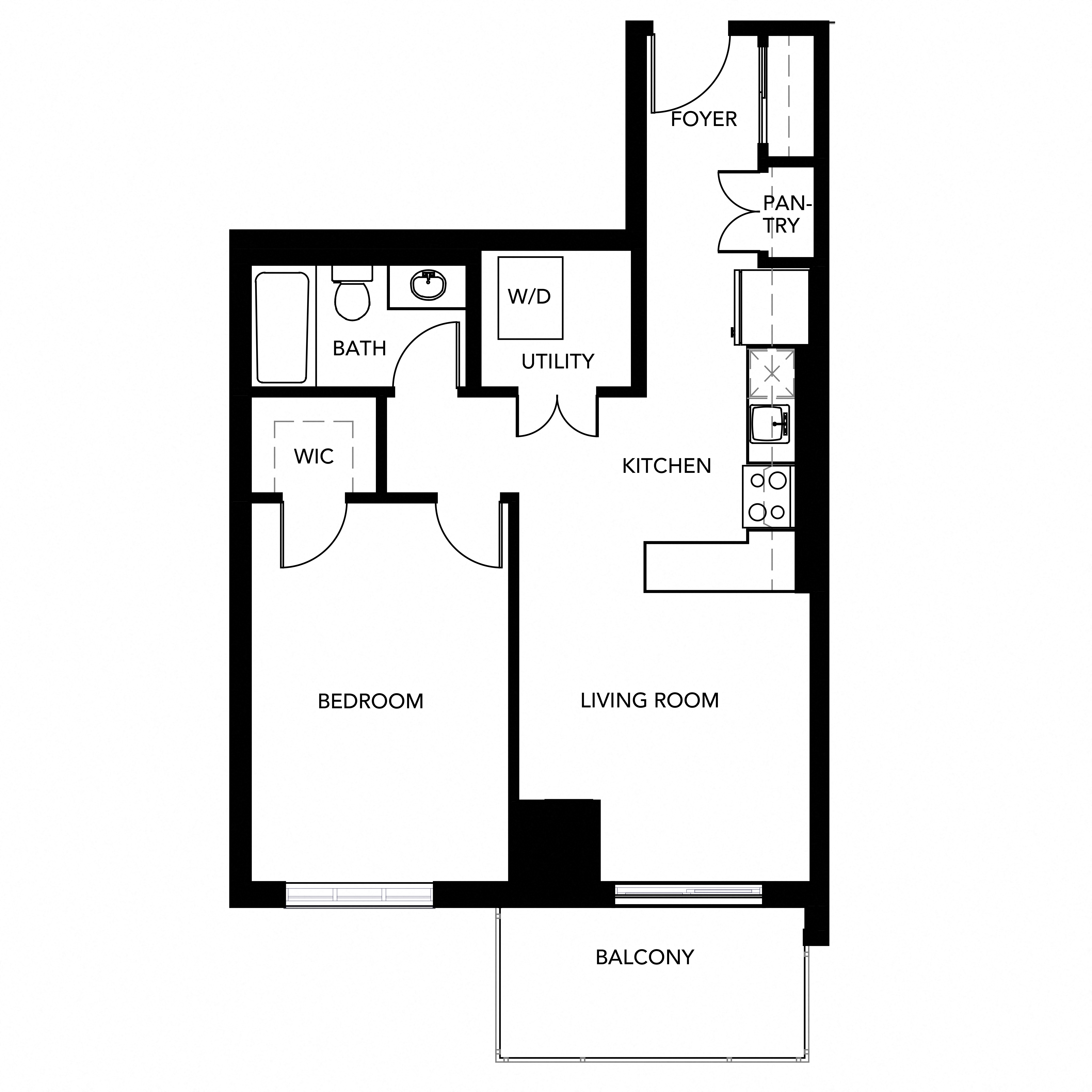 Floor plan for 1 bed, 1 bath, 710 sqft