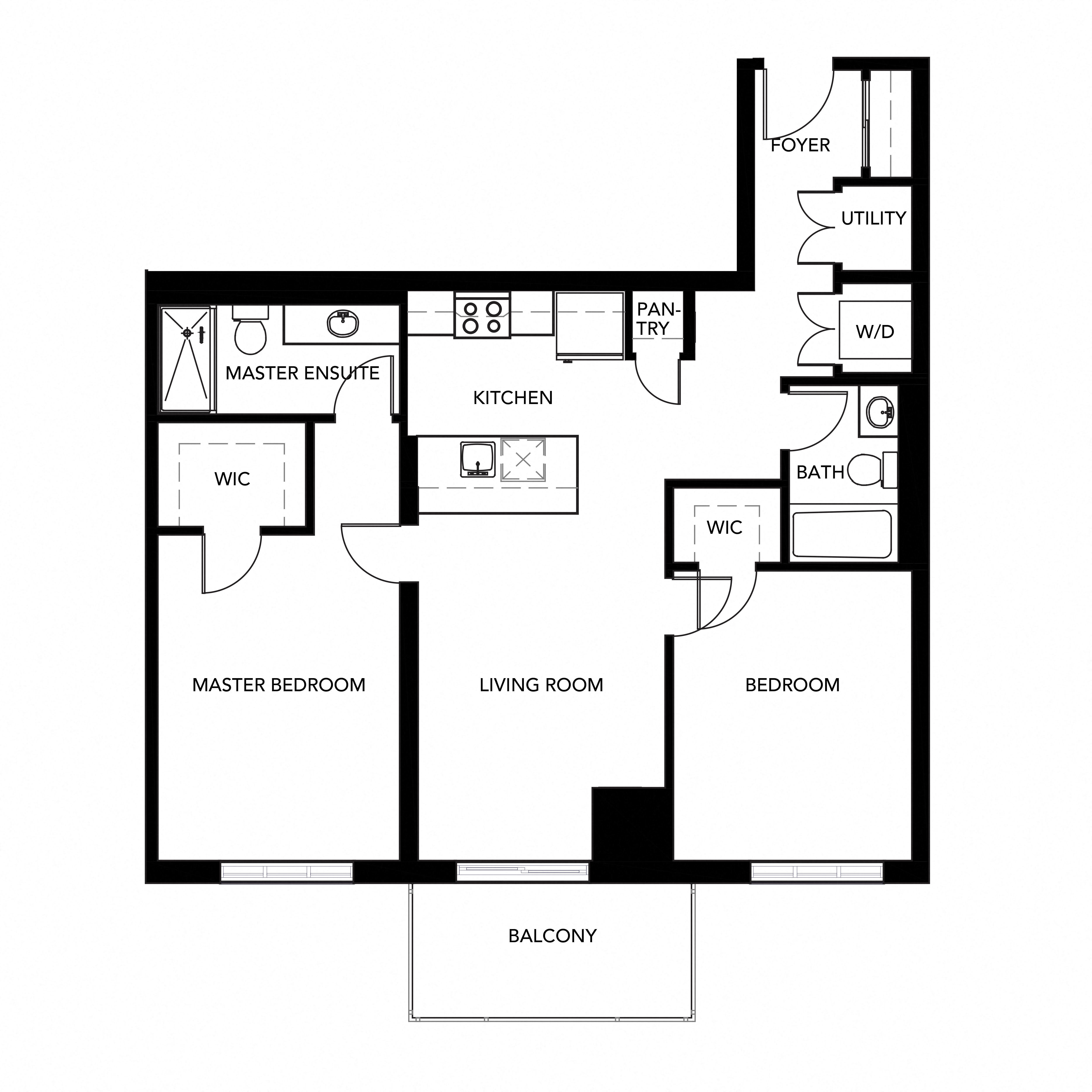 Floor plan for 2 beds, 2 baths, 999 sqft