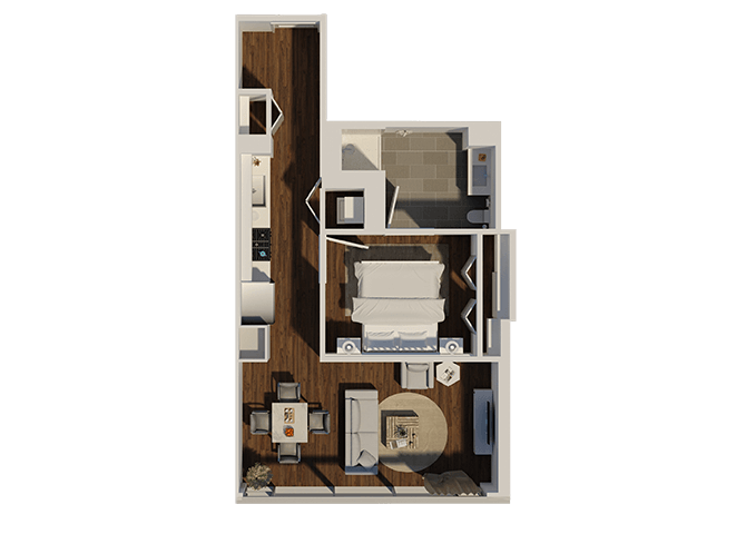 Floor plan for 1 bed, 1 bath, 649 sqft