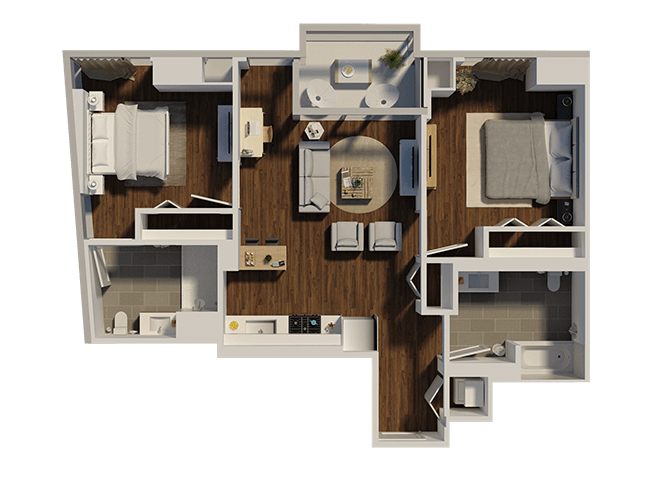 Floor plan for 2 beds, 2 baths, 952 sqft