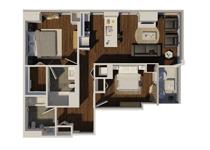 Floor plan for 2 beds, 2 baths, 969 sqft