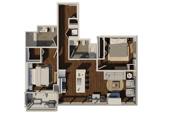Floor plan for 2 beds, 2 baths, 1030 sqft