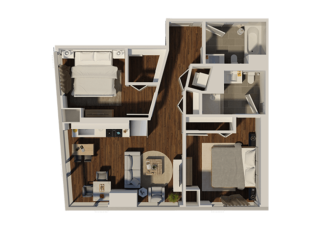 Floor plan for 2 beds, 2 baths, 809 sqft