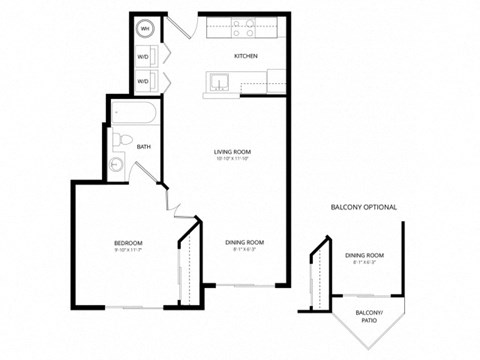 Floor plan for 1 bed, 1 bath, 539 sqft
