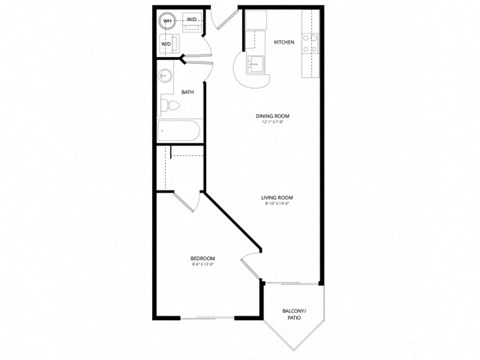 Floor plan for 1 bed, 1 bath, 590 sqft