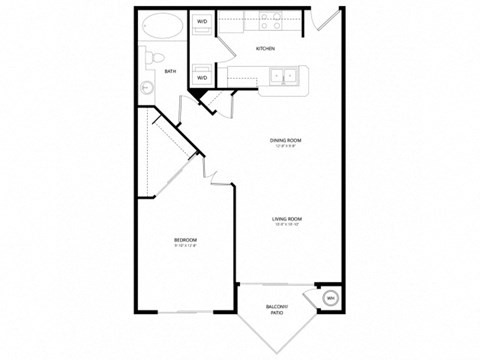Floor plan for 1 bed, 1 bath, 673 sqft
