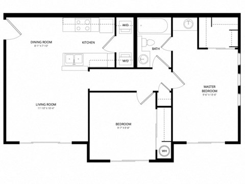 Floor plan for 2 beds, 1 bath, 711 sqft