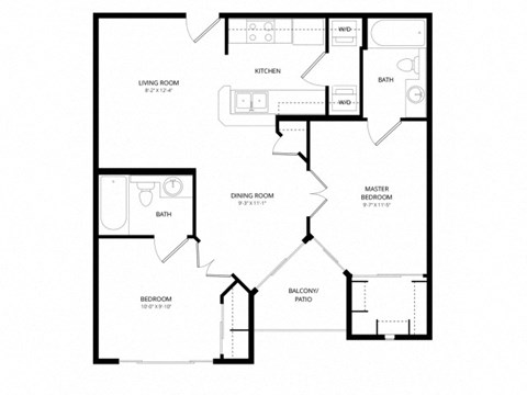 Floor plan for 2 beds, 2 baths, 737 sqft