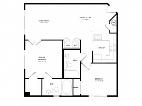 Floor plan for 2 beds, 2 baths, 860 sqft
