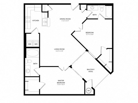 Floor plan for 2 beds, 2 baths, 1038 sqft