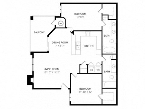 Floor plan for 2 beds, 2 baths, 1198 sqft