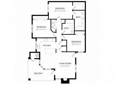 Floor plan for 3 beds, 2 baths, 1385 sqft