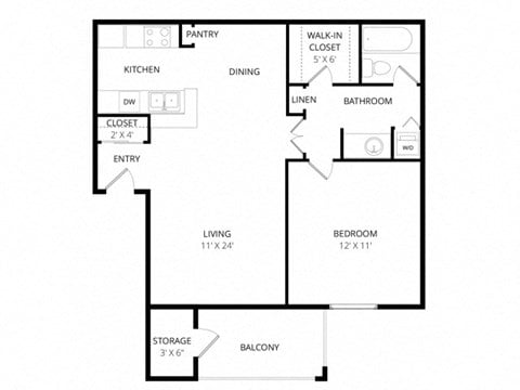 Floor plan for 1 bed, 1 bath, 664 sqft