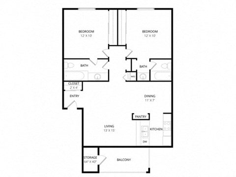 Floor plan for 2 beds, 2 baths, 879 sqft