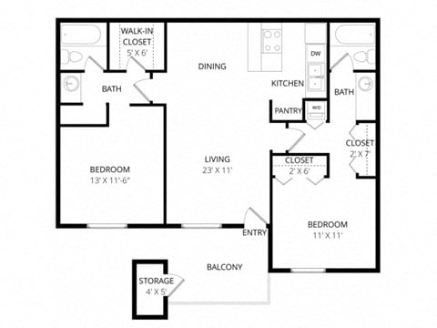 Floor plan for 2 beds, 2 baths, 912 sqft