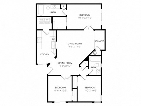 Floor plan for 3 beds, 2 baths, 1060 sqft