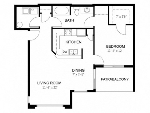 Floor plan for 1 bed, 1 bath, 811 sqft