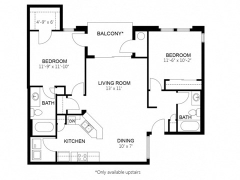 Floor plan for 2 beds, 2 baths, 1003 sqft