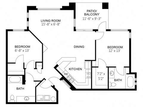 Floor plan for 2 beds, 2 baths, 1102 sqft