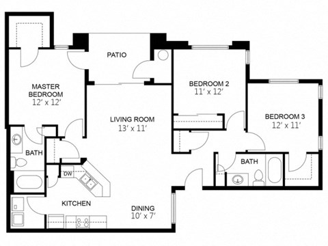 Floor plan for 3 beds, 2 baths, 1198 sqft