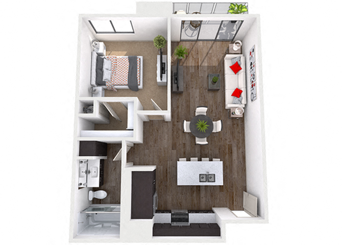 Floor plan for 1 bed, 1 bath, 758 sqft