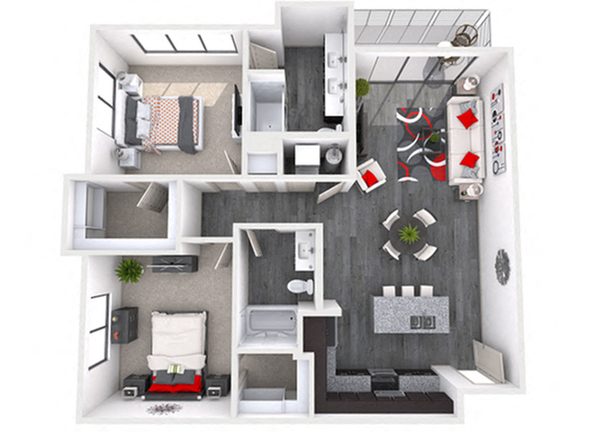Floor plan for 2 beds, 2 baths, 1197 sqft