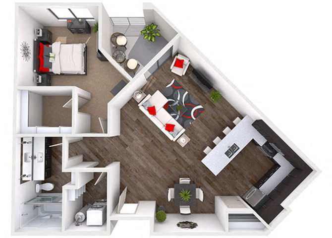 Floor plan for 1 bed, 1 bath, 852 sqft
