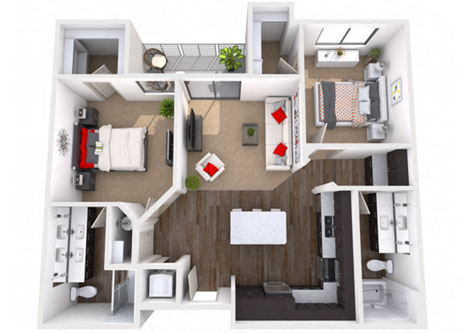 Floor plan for 2 beds, 2 baths, 1015 sqft