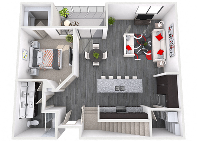 Floor plan for 1 bed, 1.5 baths, 1252 sqft