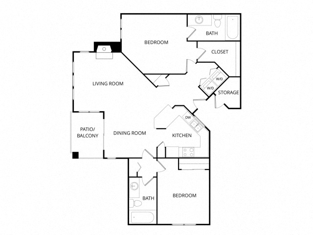 Floor plan for 2 beds, 2 baths, 998 sqft