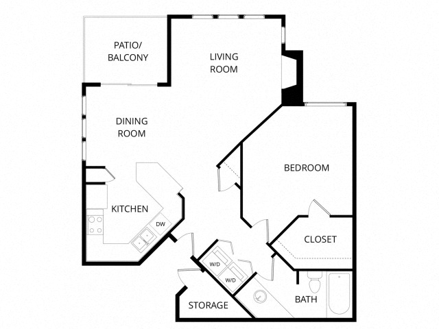 Floor plan for 1 bed, 1 bath, 802 sqft
