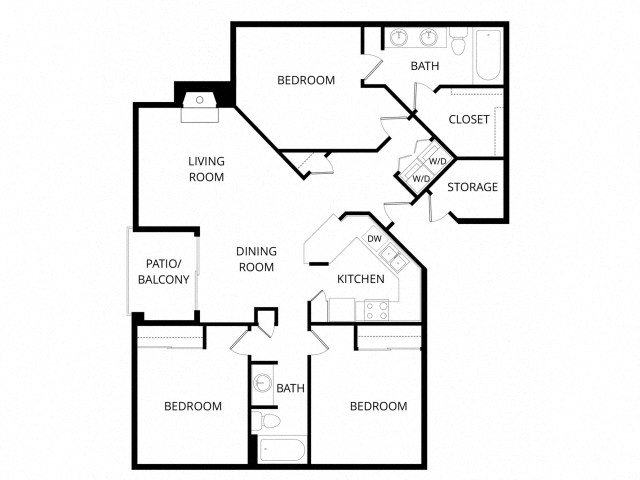 Floor plan for 3 beds, 2 baths, 1198 sqft