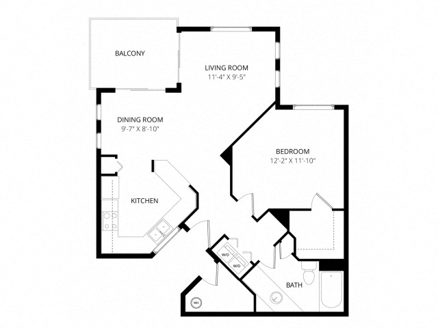 Floor plan for 1 bed, 1 bath, 802 sqft