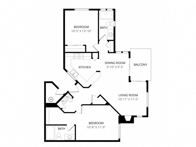 Floor plan for 2 beds, 2 baths, 999 sqft