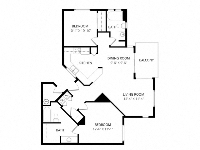 Floor plan for 2 beds, 2 baths, 1041 sqft