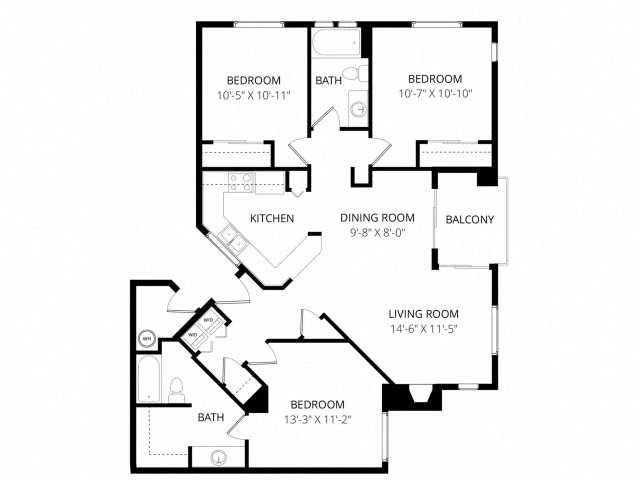 Floor plan for 3 beds, 2 baths, 1201 sqft