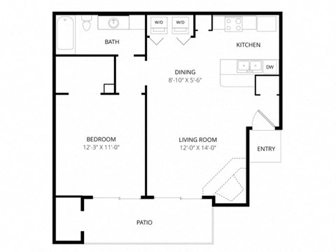 Floor plan for 1 bed, 1 bath, 621 sqft