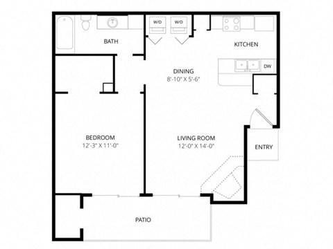 Floor plan for 1 bed, 1 bath, 621 sqft
