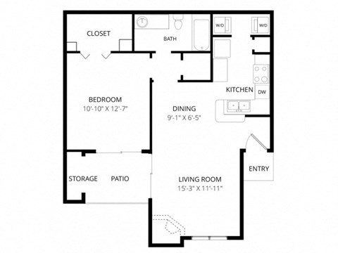 Floor plan for 1 bed, 1 bath, 689 sqft