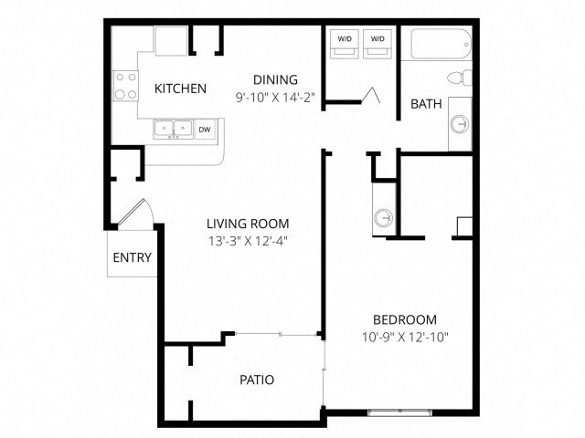 Floor plan for 1 bed, 1 bath, 729 sqft