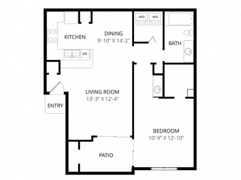 Floor plan for 1 bed, 1 bath, 729 sqft