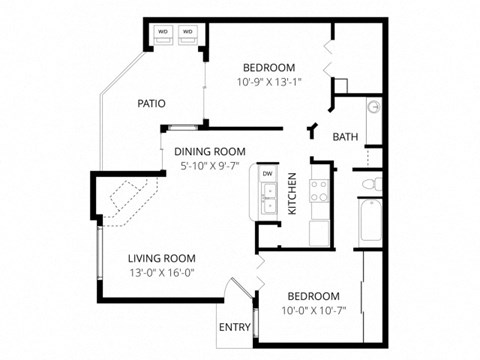 Floor plan for 2 beds, 1 bath, 827 sqft