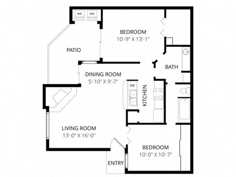 Floor plan for 2 beds, 1 bath, 827 sqft