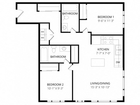 Floor plan for 2 beds, 2 baths, 878 sqft