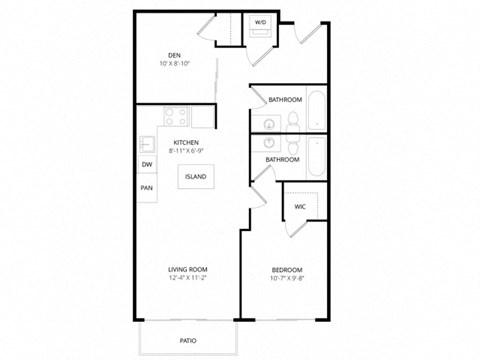 Floor plan for 1 bed, 2 baths, 724 sqft