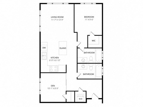 Floor plan for 1 bed, 2 baths, 761 sqft