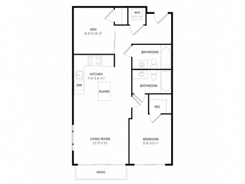 Floor plan for 1 bed, 2 baths, 772 sqft