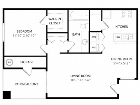 Floor plan for 1 bed, 1 bath, 810 sqft
